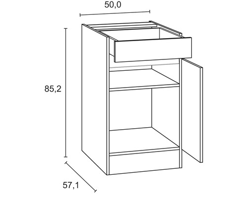Skizze eines Unterschranks mit Schublade, Tür und den Maßen 50,0 x 57,1 x 85,2 Zentimeter.
