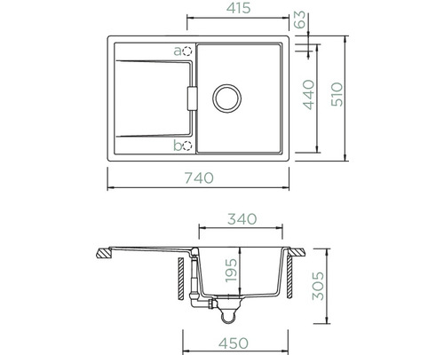 Technische Zeichnung einer Spüle mit Maßangaben