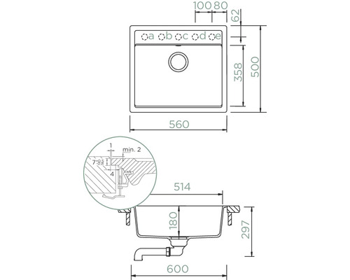Technische Zeichnung einer Spüle mit Maßangaben