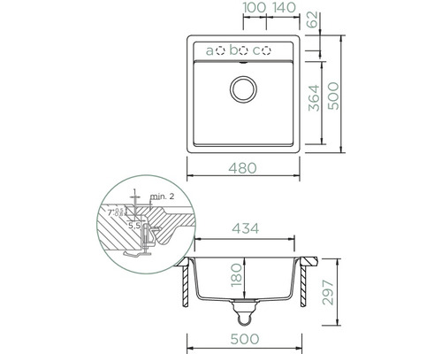 Zeichnung einer Küchenspüle mit Maßangaben