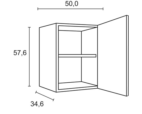 Technische Zeichnung eines Wandschranks mit den Maßen 50,0 x 57,6 x 34,6 cm