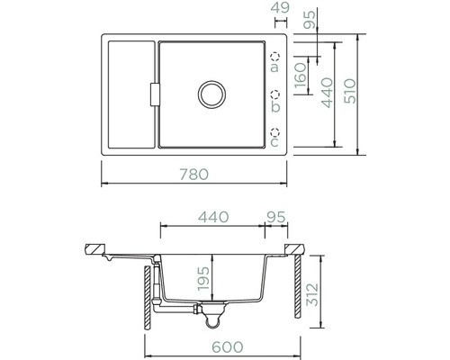 Abmessungen einer Küchenspüle mit Abtropffläche und Ablaufgarnitur