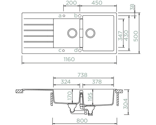 Technische Zeichnung einer Spüle mit Maßen.