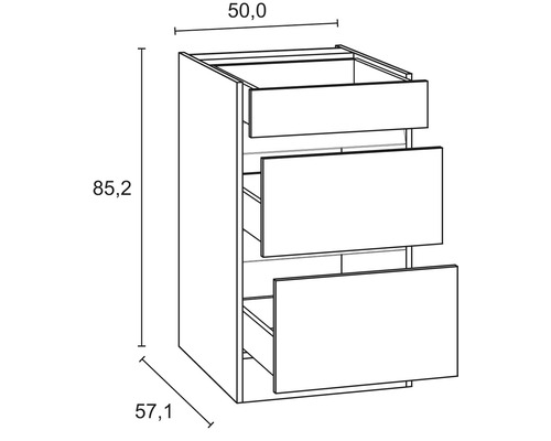 Schrank mit drei Schubladen und Maßangaben