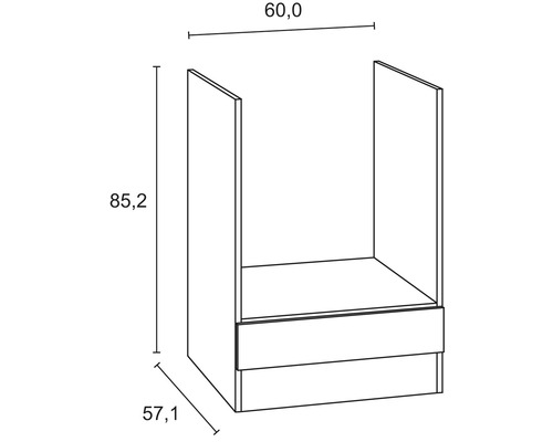 Skizze eines Unterschranks mit Maßangaben: Höhe 85,2 cm, Breite 60,0 cm, Tiefe 57,1 cm.