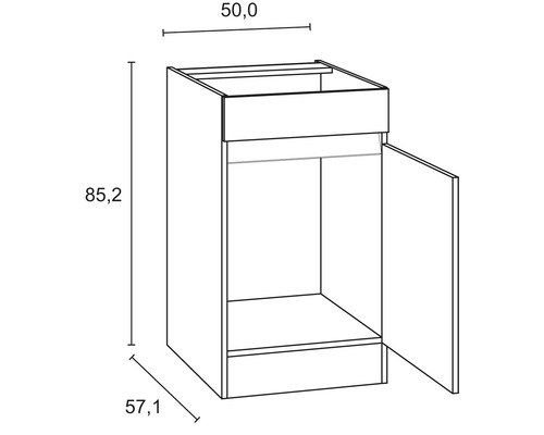 Skizze eines Küchenunterschranks mit den Maßen 50,0 x 85,2 x 57,1 cm