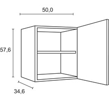 Technische Zeichnung eines Hängeschranks mit Tür, Maße: 50,0 x 57,6 x 34,6 cm