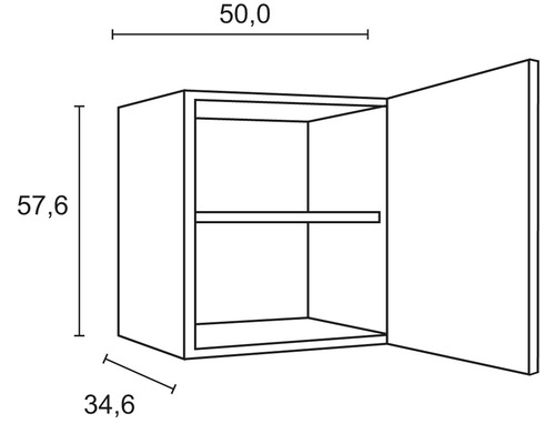 Technische Zeichnung eines Hängeschranks mit Tür, Maße: 50,0 x 57,6 x 34,6 cm