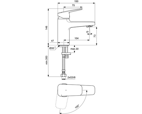 Technische Zeichnung einer Armatur mit Maßangaben