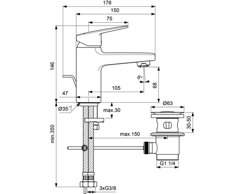 Technische Zeichnung einer Waschtischarmatur mit Maßangaben