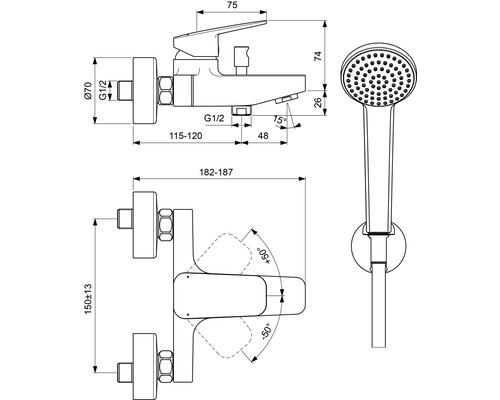 Technische Zeichnung einer Duscharmatur mit Handbrause und Maßangaben.