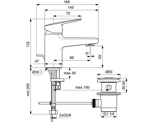 Technische Zeichnung einer Waschtischarmatur mit Maßangaben