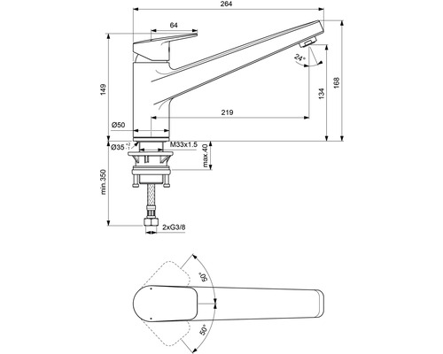 Technische Zeichnung einer Armatur mit Maßangaben