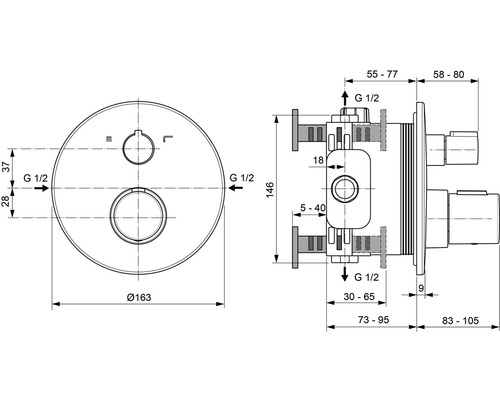 Technische Zeichnung eines Unterputz-Thermostatmoduls mit Maßangaben