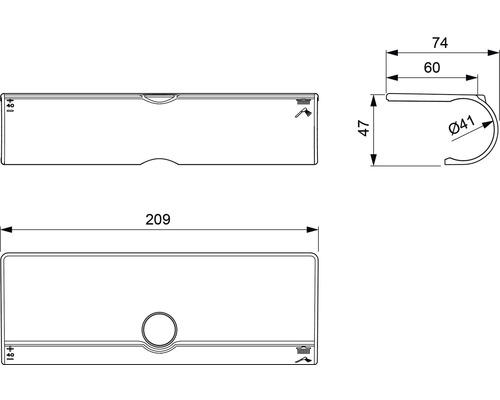 Technische Zeichnung eines Duschablage-Systems mit Maßangaben