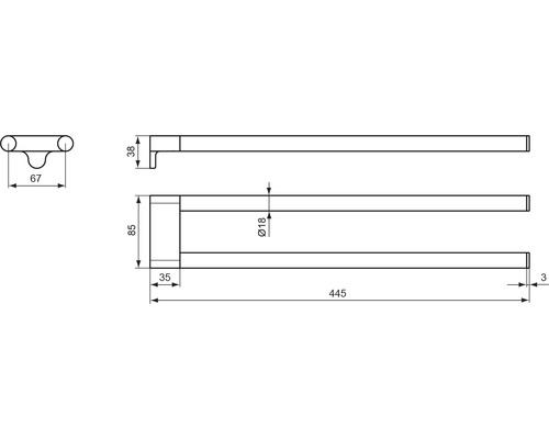 Technische Zeichnung einer Handtuchstange mit Maßangaben