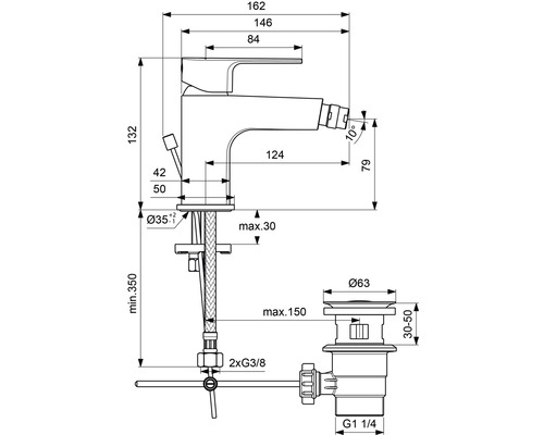 Technische Zeichnung einer Bidetarmatur mit Maßangaben