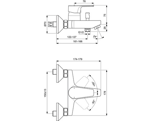 Technische Zeichnung einer Armatur mit Maßangaben