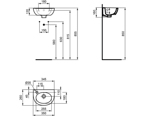 Technische Zeichnung eines Waschtisches mit Maßangaben