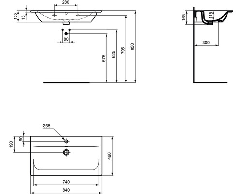 Technische Zeichnung eines Waschbeckens mit Maßen.