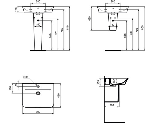 Technische Zeichnung eines Waschbeckens mit Maßen