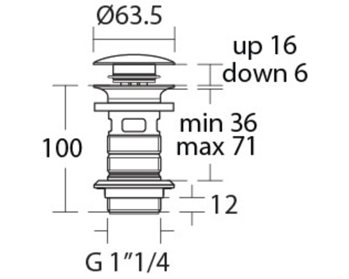 Technische Zeichnung eines Waschbeckenstöpsels mit Maßangaben