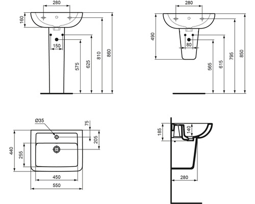 Technische Zeichnung eines Waschtisches mit Maßen.