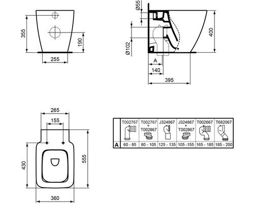 Technische Zeichnung einer Toilette mit Maßangaben