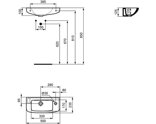 Technische Zeichnung eines Waschbeckens mit Maßangaben