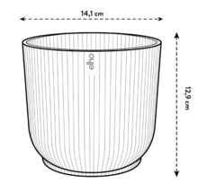 Abbildung eines Blumentopfs mit den Maßen 14,1 cm Breite und 12,9 cm Höhe.