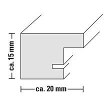 Schnittdarstellung eines Bilderrahmens mit Maßangaben: circa 15 Millimeter Höhe und circa 20 Millimeter Breite.