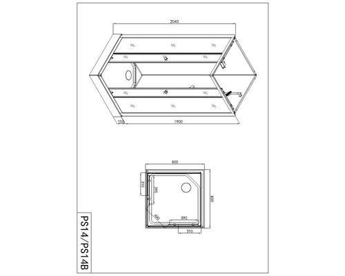 Technische Zeichnung einer Duschkabine mit Maßen.