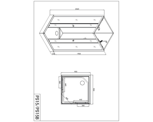 Technische Zeichnung einer Duschkabine mit Maßangaben.