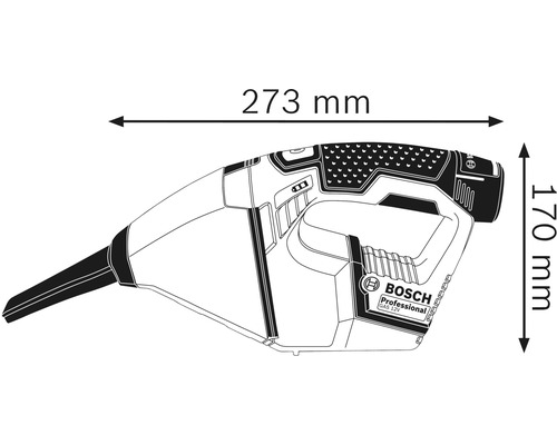 Abbildung der Abmessungen des Bosch GAS 12V Akku Handsaugers: 273 mm Länge und 170 mm Höhe