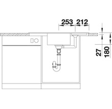 Technische Zeichnung mit Maßangaben für den Einbau einer Küchenspüle über einem Geschirrspüler.