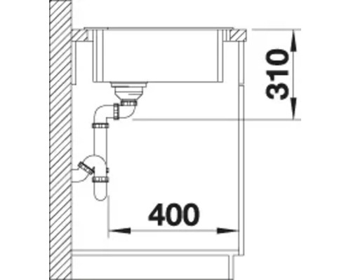 Technische Zeichnung mit Einbaumaßen für ein Spülbecken im Unterschrank mit Ablaufanschluss.
