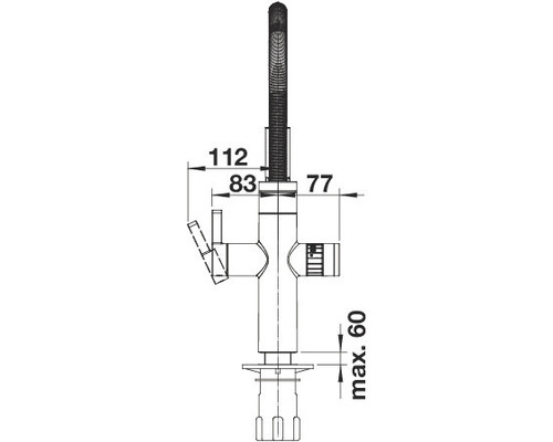 Technische Zeichnung einer Armatur mit Maßangaben