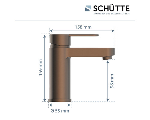 Technische Zeichnung einer Schütte Waschtischarmatur mit Abmessungen