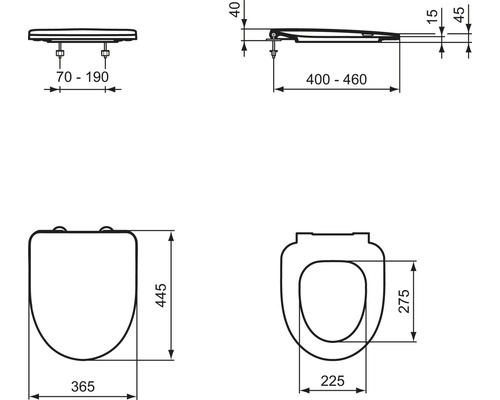 Technische Zeichnung eines WC-Sitzes mit Maßangaben