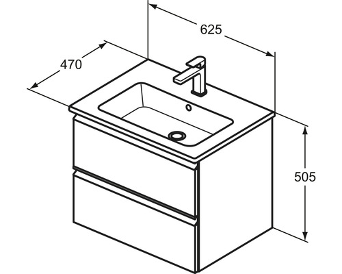 Zeichnung eines Waschtischunterschranks mit den Maßen 625 x 470 x 505 mm.