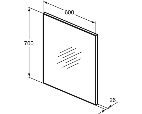 Technische Zeichnung eines rechteckigen Spiegels mit den Maßen 700 mal 600 Millimeter und einer Dicke von 26 Millimeter.