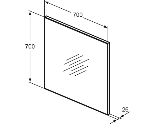 Quadratischer Spiegel mit den Maßen 700 x 700 Millimeter und einer Dicke von 26 Millimeter