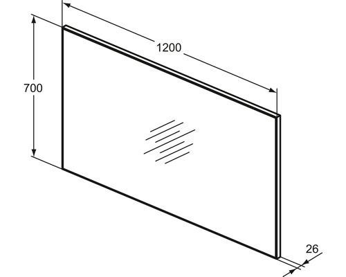 Technische Zeichnung eines Spiegels mit den Maßen 1200 x 700 x 26 mm