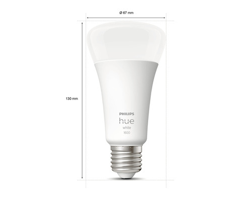 Philips Hue Lampe mit den Maßen 67 Millimeter Durchmesser und 130 Millimeter Länge