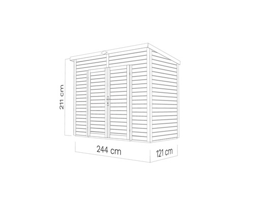 Skizze eines Gerätehauses mit den Maßen 211 x 244 x 121 cm