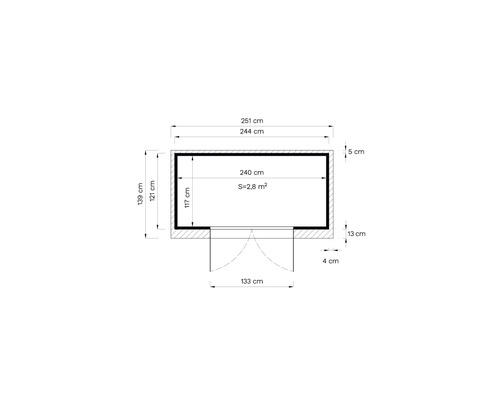 Grundrisszeichnung mit den Maßen 251 mal 139 Zentimeter