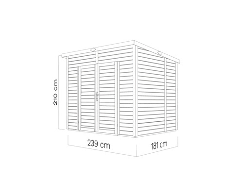 Abbildung eines Gartenhauses mit den Maßen 210 cm Höhe, 239 cm Breite und 181 cm Tiefe.