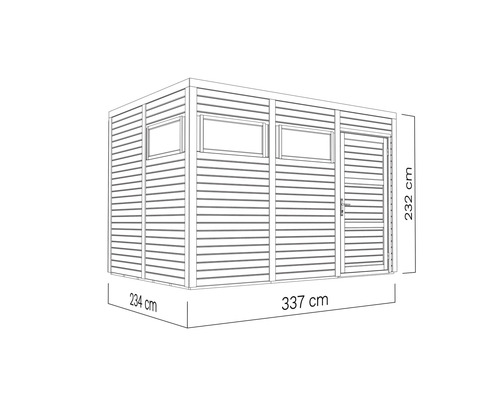 Zeichnung eines Gartenhauses mit Tür und Fenstern sowie Maßangaben.