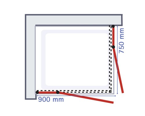Technische Zeichnung einer Duschkabine mit Maßangaben 750 mm und 900 mm