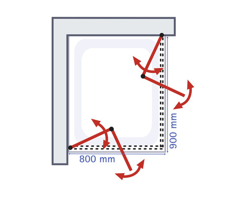 Technische Zeichnung einer Dusche mit Angabe der Maße 800 mm und 900 mm sowie der Drehrichtung der Duschwände
